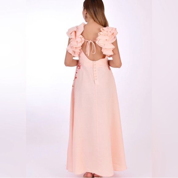 Fanm Mon Peach Floral Maxi Dress with Ruffle Sleeves - Picture 4 of 16